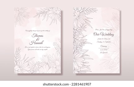 Wedding invitation Card Set. Beautiful Floral Line Art Wedding Invitation Template. Minimalist wedding invitation card template design, floral black line art.