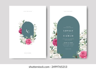 Tarjeta de invitación de boda con hermosas rosas flores diseño	