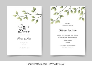 wedding invitation card set design. beautiful watercolor branches and leaves