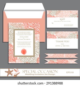 Wedding invitation card set design. Invitation, thank you card, RSVP with Coral pattern. Greeting card for Special Occasions. Layered, editable vector contains the pattern swatch. Can print separately