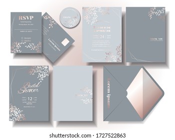 Wedding invitation card set in elegant gray tone with leaf print in rose gold color. RSVP Cards. Envelopes. Illustrations