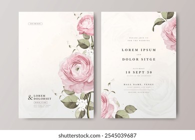 Wedding invitation card set with floral pink ranunculus flowers watercolor