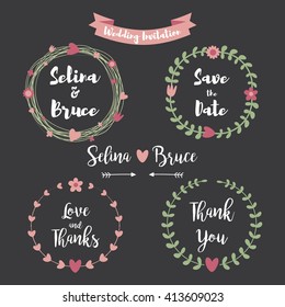 Wedding invitation card. Set of floral frame for Thank you card, birthday cards, calligraphic letters, Emblem and label Chalkboard style.