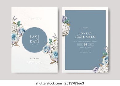 wedding invitation card set with flowers watercolor and blue background