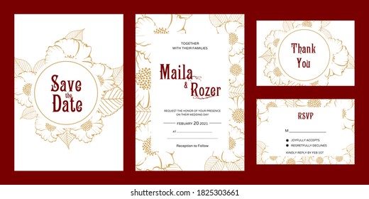 Wedding Invitation Card Set with Golden Flower and maroon color text.