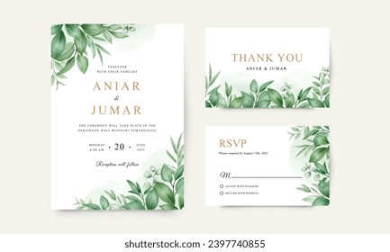 Wedding invitation card set with green watercolor leaves