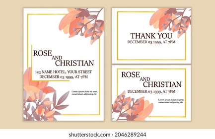 Wedding invitation card set. Minimalistic templates with flowers, gold frames and inscriptions. Design elements for postcards and printing. Cartoon flat vector collection isolated on pink background