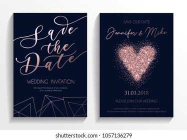 Wedding invitation card set. Modern design template with rose gold glitter heart and lettering. Elegance wedding invitation with geometric elements. Vector illustration.