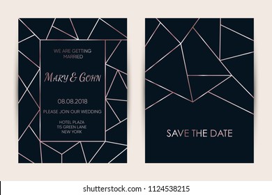 Wedding invitation card set. Modern design template with rose gold geometric pattern. Elegance wedding invitation. Vector illustration.