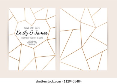 Wedding invitation card set. Modern design template with gold abstract geometric pattern. Elegance wedding invitation. Vector illustration.