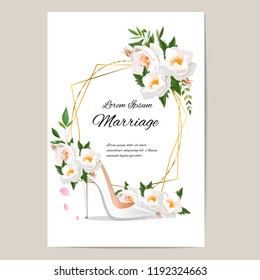 Wedding invitation card set. Modern design template with shoe, white rose, gold glitter heart and lettering. Elegance wedding invitation with geometric elements. Vector illustration.