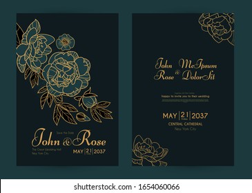 Wedding Invitation Card Set With Peony Flowers And Gold Metal Effect. Thank You, Greeting, Birthday, Rsvp.