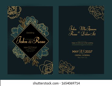 Wedding invitation card set with peony flowers and gold metal effect. Thank you, greeting, birthday, rsvp.