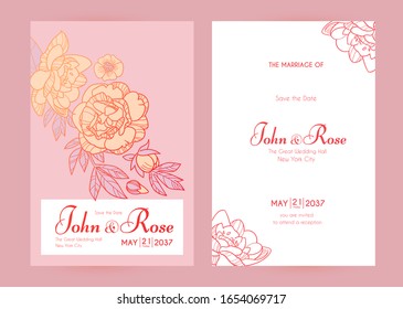 Wedding invitation card set with peony flowers and copper metal effect. Thank you, greeting, birthday, rsvp.