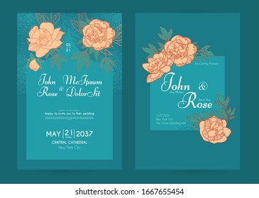 Wedding invitation card set with peony flowers and gold metal effect. Thank you, greeting, birthday, rsvp.