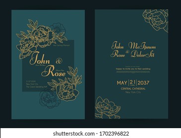 Wedding Invitation Card Set With Peony Flowers And Gold Metal Effect. Thank You, Greeting, Birthday, Rsvp.