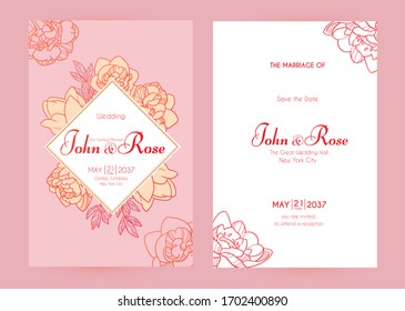 Wedding invitation card set with peony flowers and copper metal effect. Thank you, greeting, birthday, rsvp.