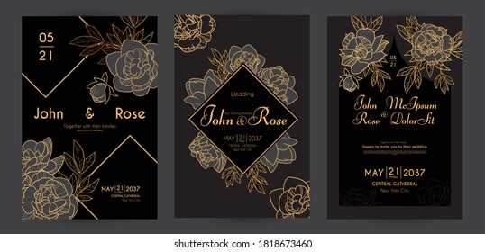 Wedding invitation card set with peony flowers and gold metal effect. Thank you, greeting, birthday, rsvp.