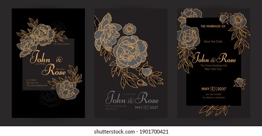 Wedding invitation card set with peony flowers and gold metal effect. Thank you, greeting, birthday, rsvp.