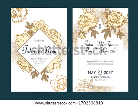 Wedding invitation card set with peony flowers and gold metal effect. Thank you, greeting, birthday, rsvp.