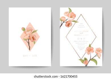 Wedding Invitation Card Set with Pink Cherry Flowers and Green Leaves Decoration Ornamental Template. Floral Poster, Invite Greeting Background, Banner Flyer Brochure. Cartoon Flat Vector Illustration