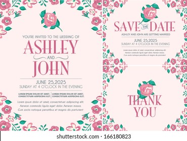 Wedding Invitation Card Set with Pink Flowers in Vector 