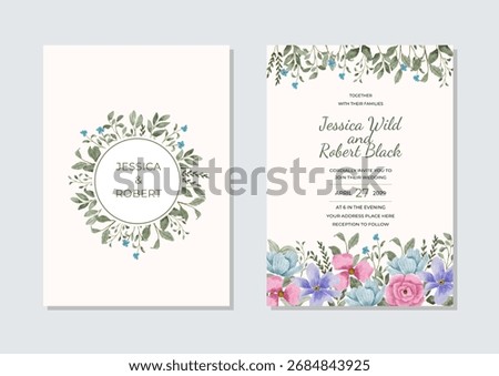 wedding invitation card set pink purple blue floral watercolor background