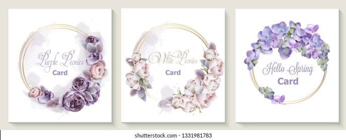 Wedding invitation card set with purple peony flowers flowers Vector watercolor. Save the date botany design for ceremony, cosmetics brochure, beauty spring templates