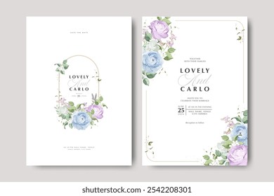 Einladungskarte für Hochzeit Set ranunculus und Hortensienblume mit goldener Linie