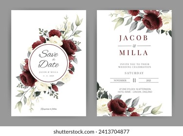 Juego de tarjetas de invitación de matrimonio con plantilla vectorial de color rosa rojo y blanco