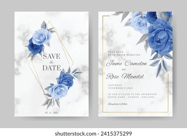 Wedding invitation card set. Roses, peoney blue, navy with marble background And the gold frame.