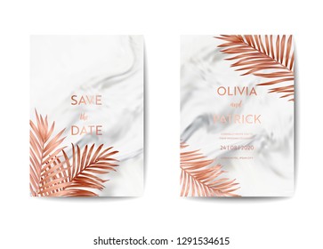 Juego de cartas de invitación para bodas, Guardar la fecha con fondo de textura de mármol de moda y diseño dorado de hojas de palmera tropical. Ilustración de plantilla RSVP en vector