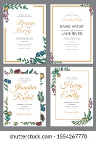 Wedding invitation card set template with beautiful floral and leaves Premium Vector