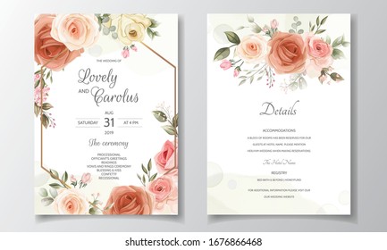 Wedding invitation card set template with beautiful floral frame