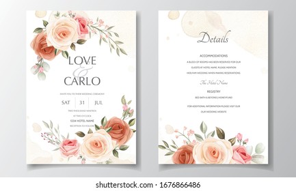 Wedding invitation card set template with beautiful floral frame