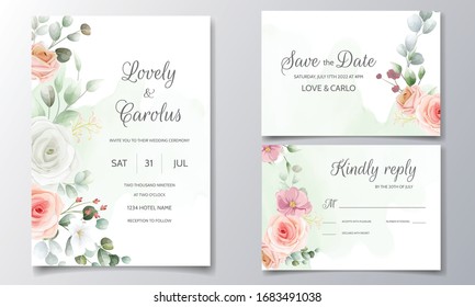 Wedding invitation card set template with beautiful colorful  floral and leaves
