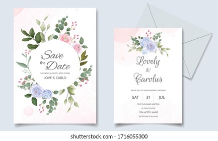 Wedding invitation card set template with beautiful floral frame