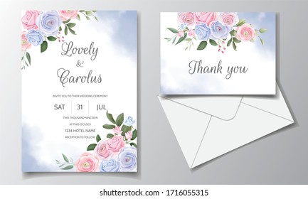 Wedding invitation card set template with beautiful floral frame