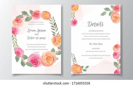 Wedding invitation card set template with floral watercolor