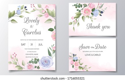 Plantilla de juego de tarjetas de invitación de matrimonio con marco floral hermoso