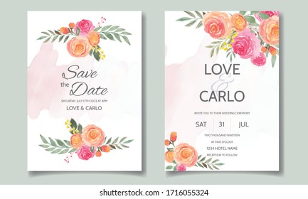 Wedding invitation card set template with floral watercolor