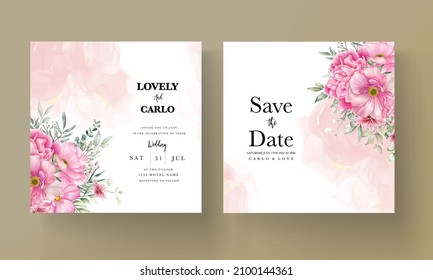 Wedding invitation card set template with beautiful flowers and leaves watercolor