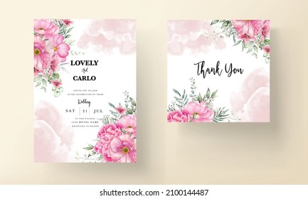 Wedding invitation card set template with beautiful flowers and leaves watercolor