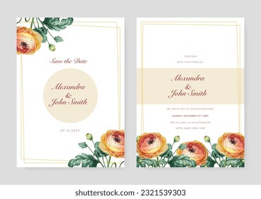 Wedding invitation card set template with orange flowers and leaves watercolor