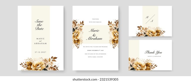 Wedding invitation card set template with gold flowers and leaves watercolor