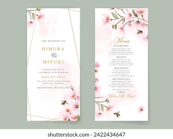 wedding invitation card set template with beautiful cherry blossom