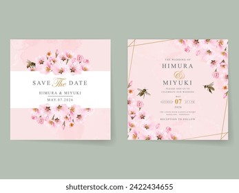 wedding invitation card set template with beautiful cherry blossom
