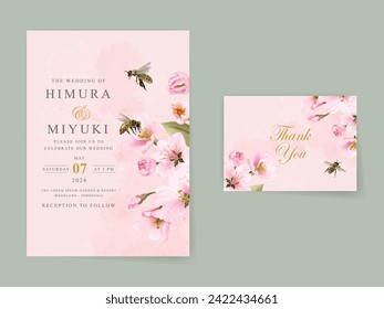 plantilla de juego de tarjetas de invitación de boda con hermosa flor de cerezo