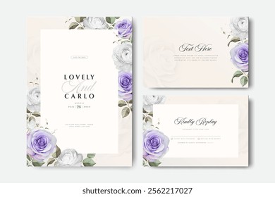 wedding invitation card set template with roses flower watercolor decoration