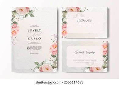 wedding invitation card set template with roses flower watercolor decoration